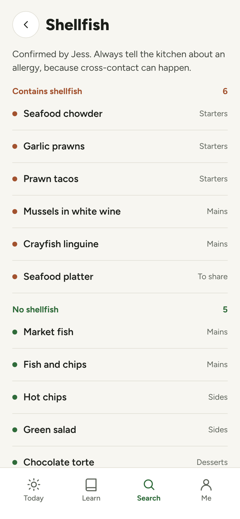 Allergen search on a crew phone