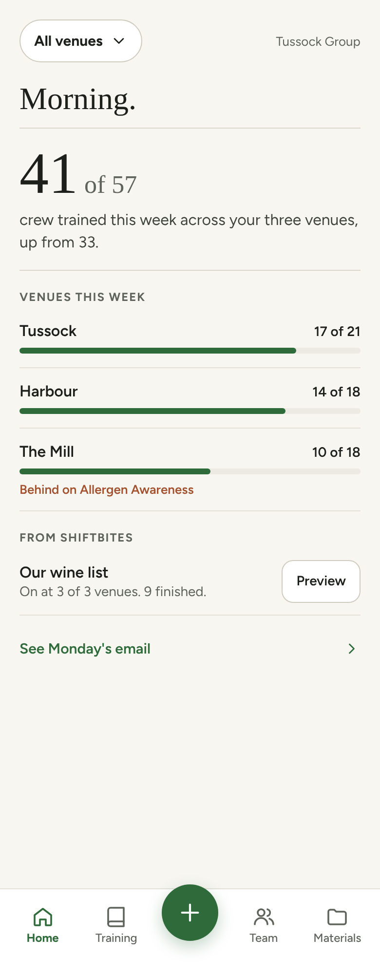 The owner's all-venues screen